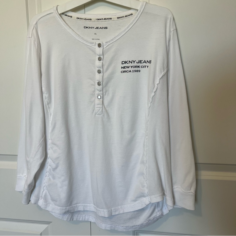 DKNY White Henley w/ Button Accents & Ribbing, Normcore, Minimalist, Nautical